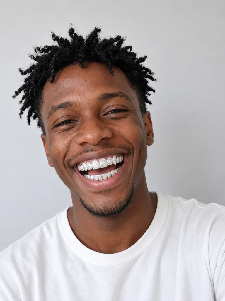 After: fictional adult in a white tee, Grillz look adds iced-out diamond grillz