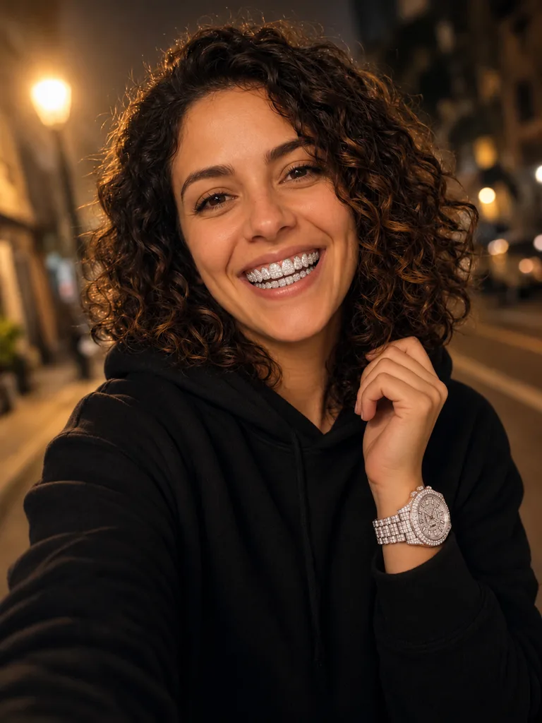 After: fictional adult on a night street, Grillz + Watch look adds diamond grillz and an iced-out watch
