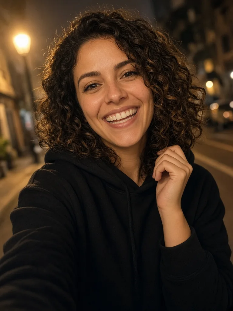 Before: original selfie of a fictional adult on a night street, no jewelry