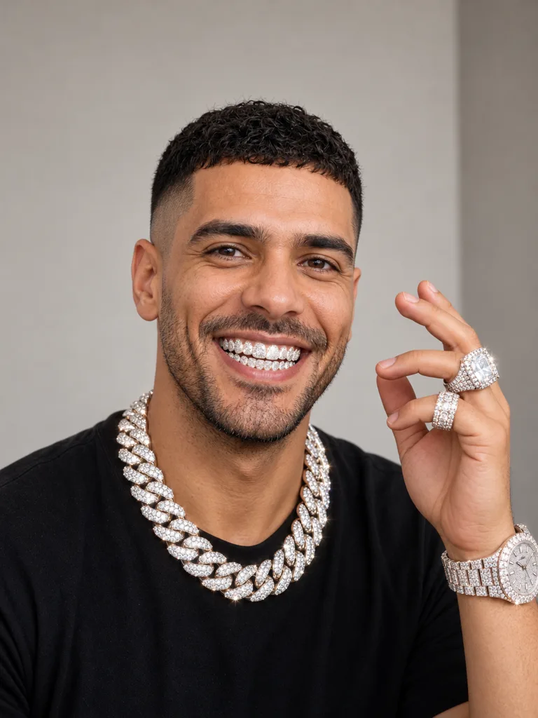 After: fictional adult in a black tee, Full Iced Out look adds grillz, a Cuban chain, two rings and a watch