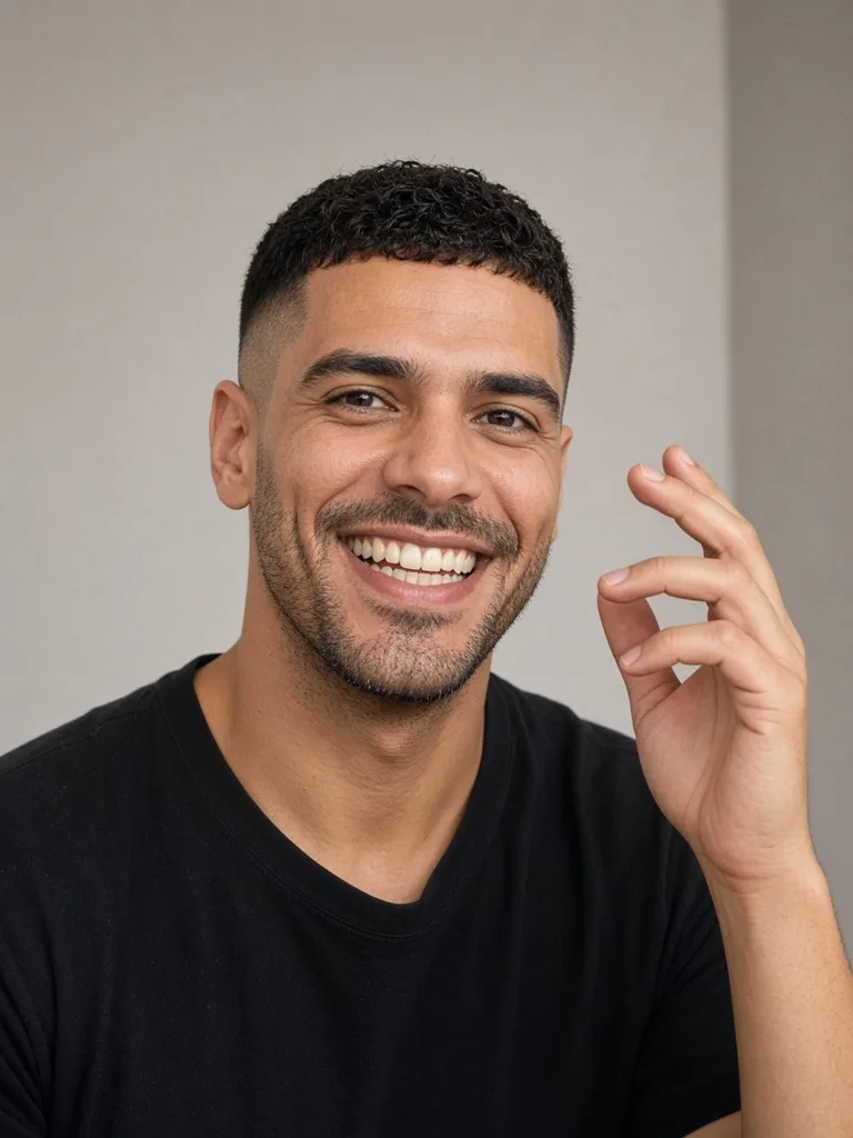 Before: original photo of a fictional adult in a black tee, no jewelry